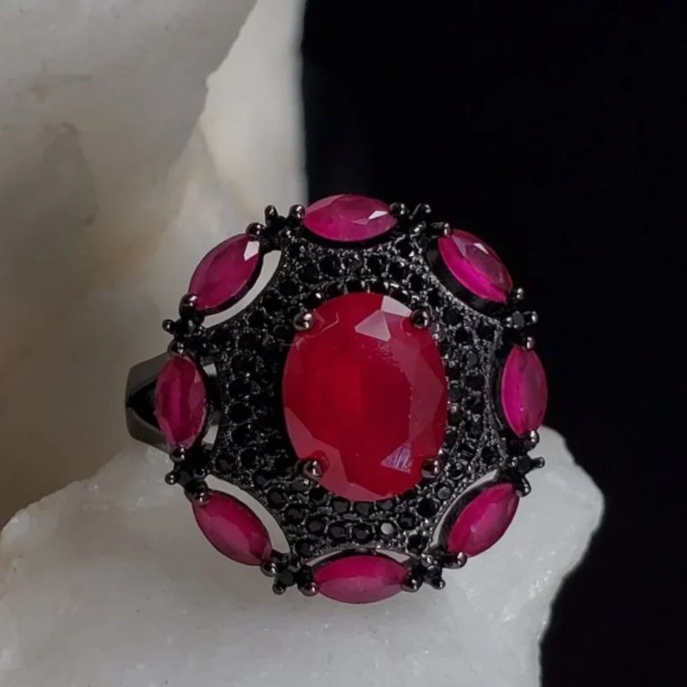 Sterling Silver 925 Black Rhodium Ruby Ring Classic Setting Silversmith